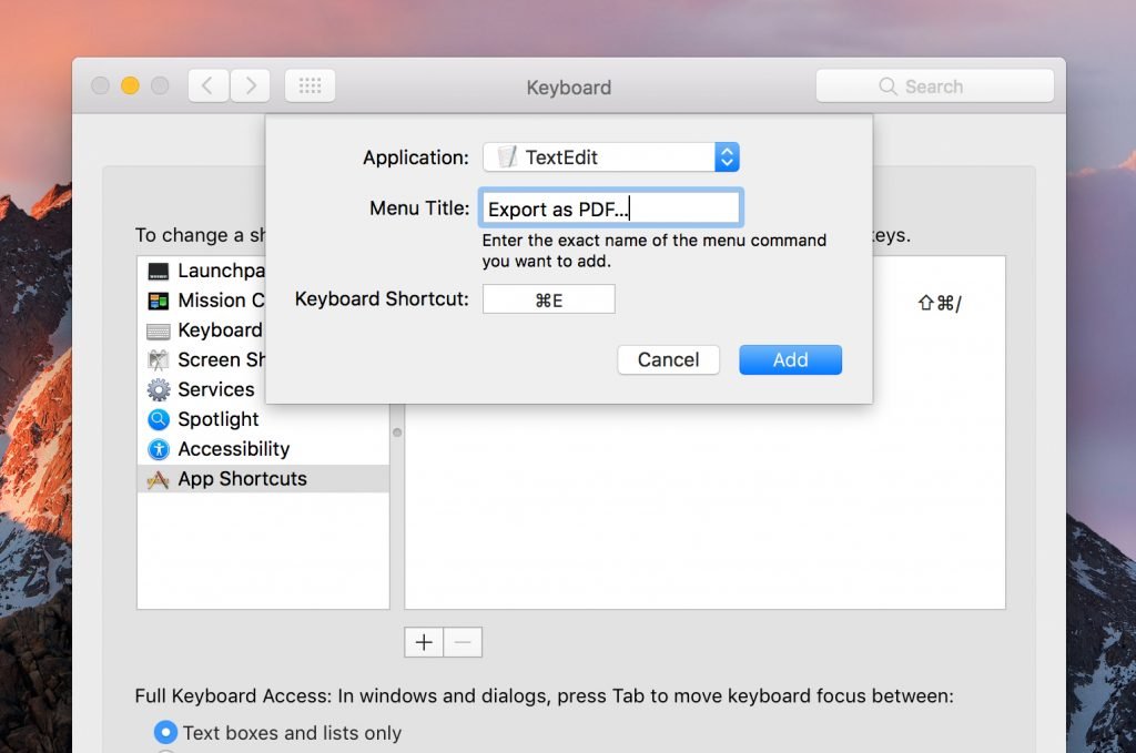 Create Keyboard App Shortcut Mac